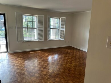 Spare room featuring dark parquet floors and ornam