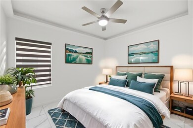 Bedroom featuring ceiling fan, ornamental molding, and light marble finish flooring