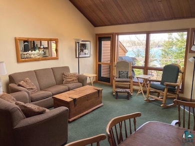 Carpeted living room featuring vaulted ceiling and