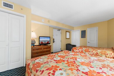Carpeted bedroom featuring electric panel and two 