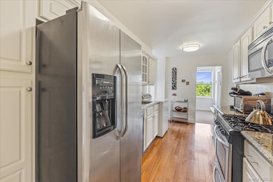 Kitchen with stainless steel appliances, white cabinetry, glass insert cabinets, light wood-style flooring, and light stone countertops