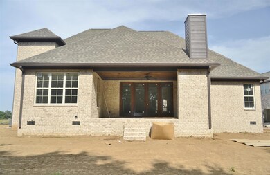 Covered Back Porch with Fireplace, Wood Ceiling and Ceiling Fan!