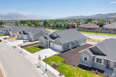 Aerial view of residential area with mountains