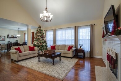 Main level living area with gas burning fireplace and large window wall. Open to kitchen.