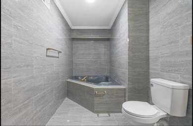 Bathroom with toilet, tile walls, and ornamental m