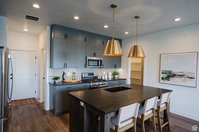 Kitchen with stainless steel appliances, dark countertops, dark wood-type flooring, tasteful backsplash, and recessed lighting