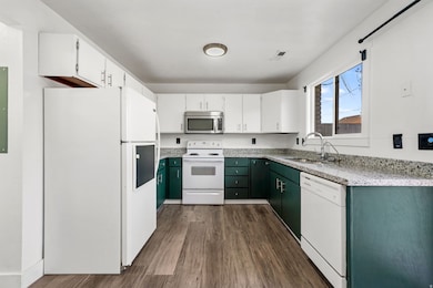 Kitchen featuring white cabinets, white appliances, dark wood finished floors, and green cabinets
