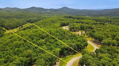 Aerial view Lot 27 and surrounding area with a heavily wooded area and property parcel outlined