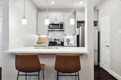 Well equipped kitchen with sleek gray cabinets, st