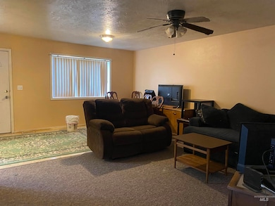 Living room with a textured ceiling, carpet, and ceiling fan