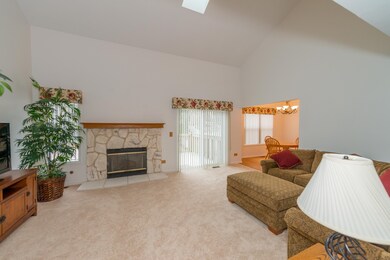 Living Room has Cathedral Ceiling and Cozy Stone Fireplace!