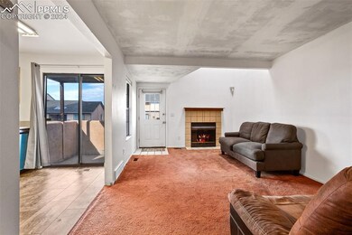 Living room with a tile fireplace and carpet floor
