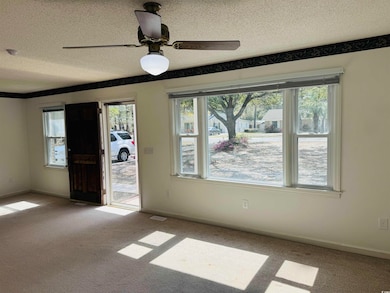 Unfurnished room featuring carpet floors, a textured ceiling, baseboards, visible vents, and ceiling fan