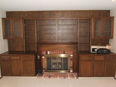 The living room has a wood burning fireplace with 