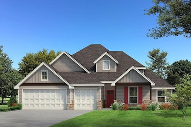 Craftsman inspired home with board and batten siding, a front lawn, driveway, and a garage