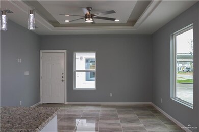 Foyer with ceiling fan, a healthy amount of sunlight, and a raised ceiling