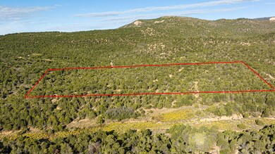 Aerial view of property and surrounding area with property parcel outlined and a mountainous background