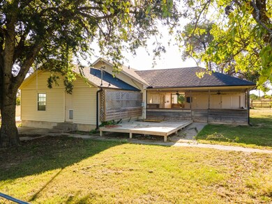 Rear view of property with a shingled roof, ceiling fan, a lawn, and a patio