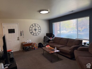 Living room featuring dark colored carpet