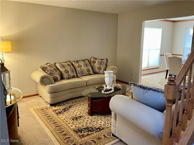 Carpeted living room with baseboards