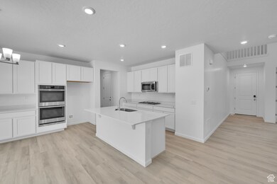 Kitchen with white cabinetry, light wood-style flooring, a kitchen breakfast bar, recessed lighting, and appliances with stainless steel finishes