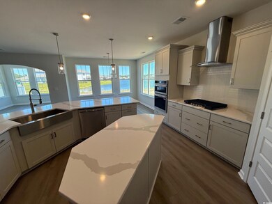Kitchen with wall chimney exhaust hood, stainless steel appliances, a sink, dark wood finished floors, and recessed lighting