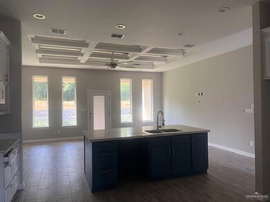 Kitchen featuring a sink, coffered ceiling, ceiling fan, dark wood-style flooring, and light countertops