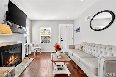 Living area featuring wood-type flooring, a fireplace, and recessed lighting