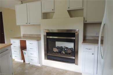 The kitchen and see thru fireplace.