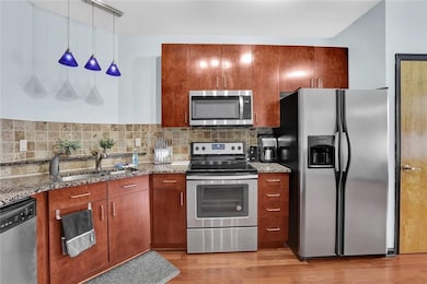 Kitchen with appliances with stainless steel finishes, a sink, backsplash, and light wood-style floors