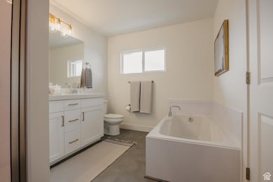 Primary Bathroom with dual vanity, separate bath tub and shower