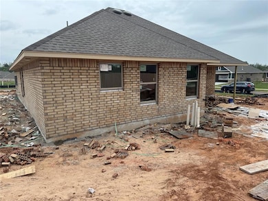 Back of house featuring roof with shingles and bri