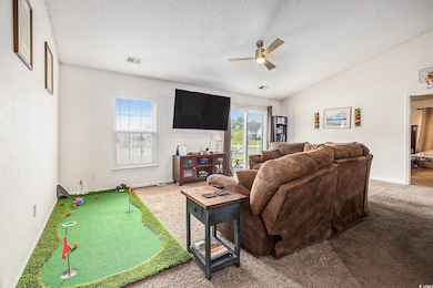 Living area with lofted ceiling, a textured ceiling, healthy amount of natural light, carpet, and a ceiling fan