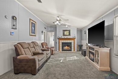 Living room featuring lofted ceiling, carpet floor