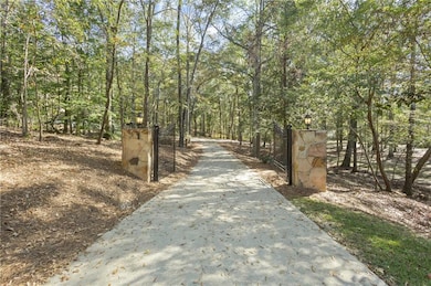 View of entry from road with concrete driveway featuring a gated entry, a gate, and a forest view
