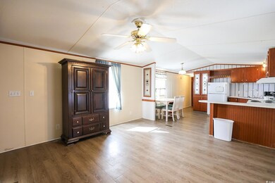 Kitchen featuring lofted ceiling, ceiling fan, woo