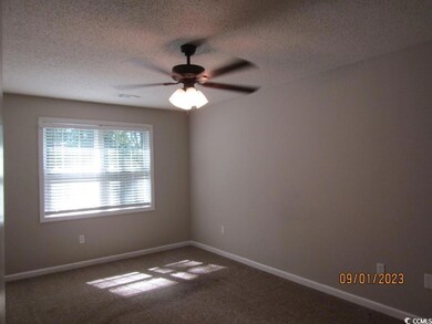 Empty room featuring carpet floors, a textured ceiling, and ceiling fan