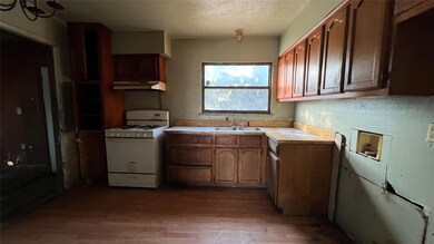 Kitchen with sink, exhaust hood, light hardwood / 