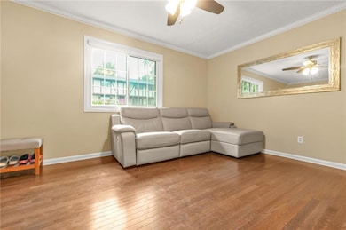 Living room with a ceiling fan, hardwood / wood-style flooring, crown molding, and baseboards