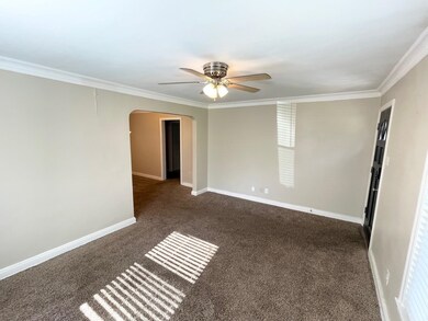 Carpeted spare room featuring ceiling fan and orna