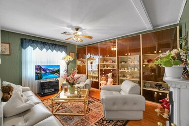 Living room with ceiling fan, hardwood / wood-styl