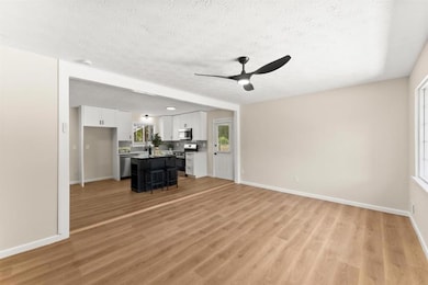 living room featuring ceiling fan, light wood finished floors