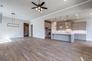 Kitchen with gray cabinets, backsplash, an island with sink, crown molding, and open floor plan