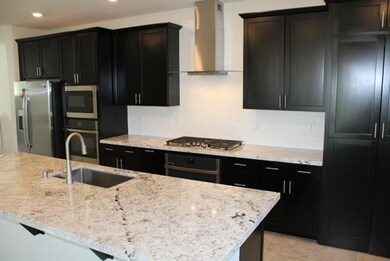 Elegant black cabinets. Quartz counter top.