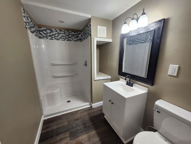 Bathroom with a shower stall, dark wood-style floors, and vanity