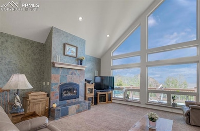 Living room with tall ceilings, a wood burning fir