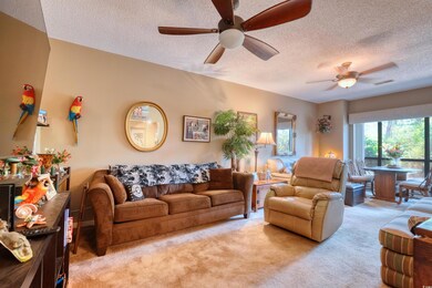 Living area with a ceiling fan, light carpet, and a textured ceiling