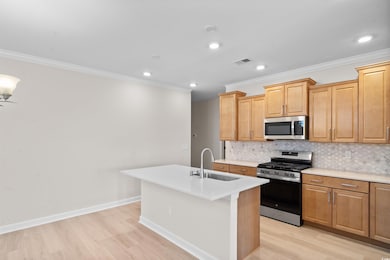 Kitchen with light wood-style flooring, a sink, tasteful backsplash, and appliances with stainless steel finishes