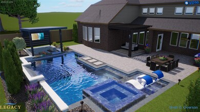 Legacy Pools has perfectly envisioned an absolutely dreamy backyard oasis.  Their vision allows for a large patio expanding from the rear covered porch, a large pool with spa, a tanning platforms and 2 pergolas.