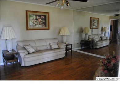 Living room features hard wood, ceiling fan, and mirrored wall.